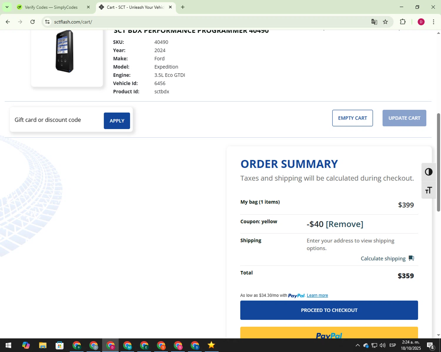 SCT Flash promo code screenshot showing code YELLOW applied at SCT Flash checkout page. Uploaded by SimplyCodes community member 000012 on Oct 18, 2025