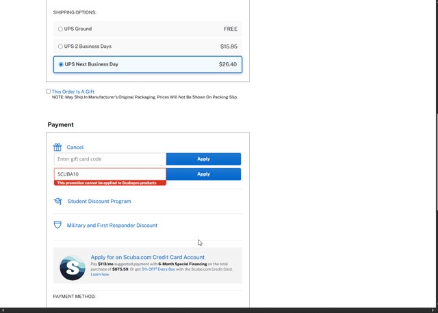Scuba.com checkout page showing Scuba.com promo code box | Screenshot taken by SimplyCodes community member on Jul 29, 2025