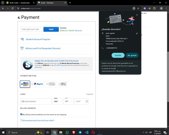 Scuba.com checkout page showing Scuba.com promo code box | Screenshot taken by SimplyCodes community member on Aug 21, 2025