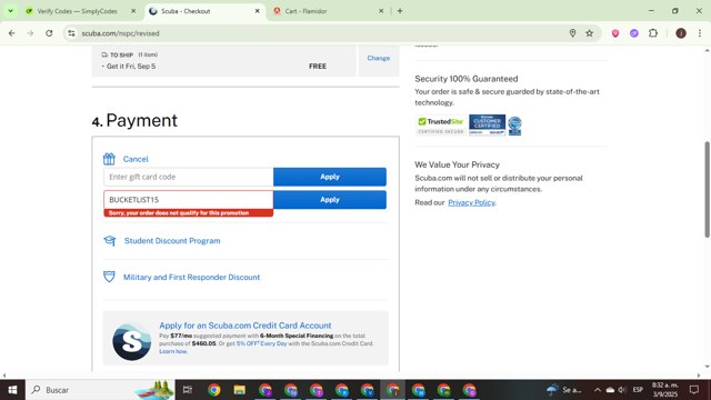Scuba.com checkout page showing Scuba.com promo code box | Screenshot taken by SimplyCodes community member on Sep 3, 2025