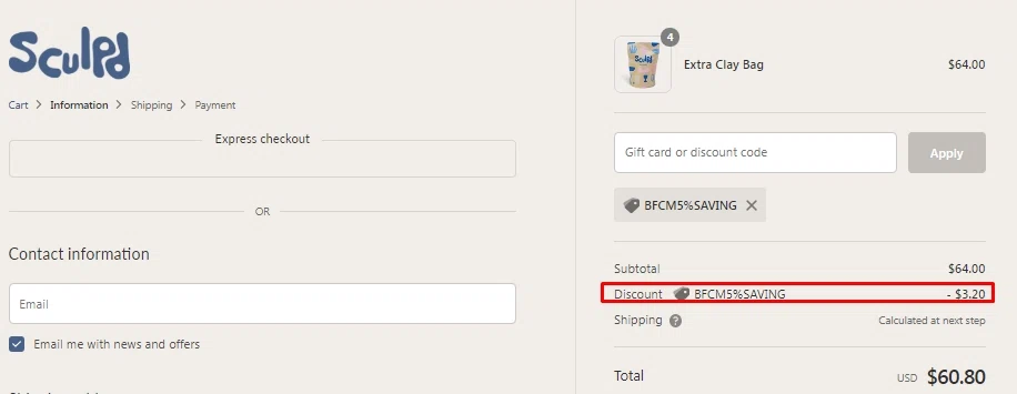 Sculpd US checkout page showing Sculpd US promo code box | Screenshot taken by SimplyCodes community member on Nov 23, 2021