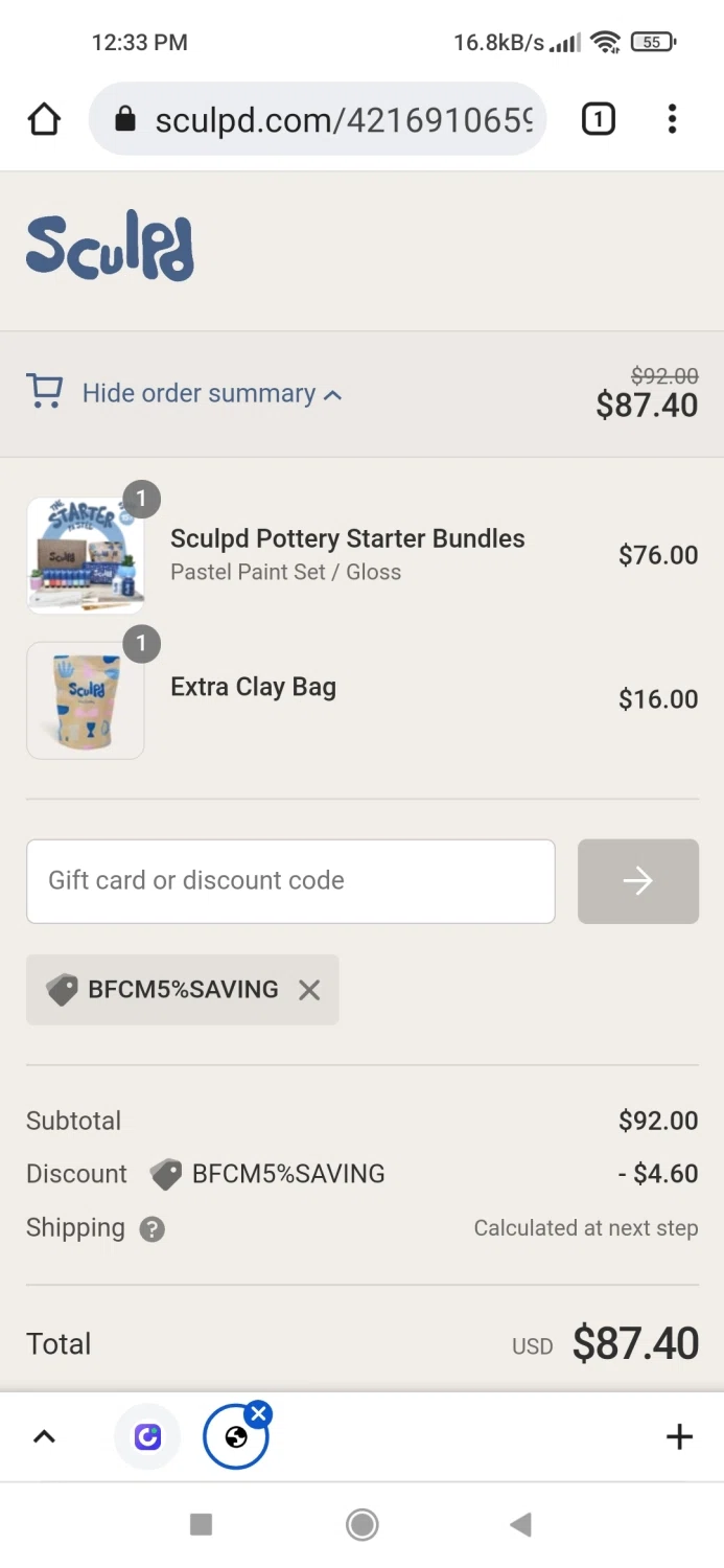 Sculpd US checkout page showing Sculpd US promo code box | Screenshot taken by SimplyCodes community member on Nov 23, 2021