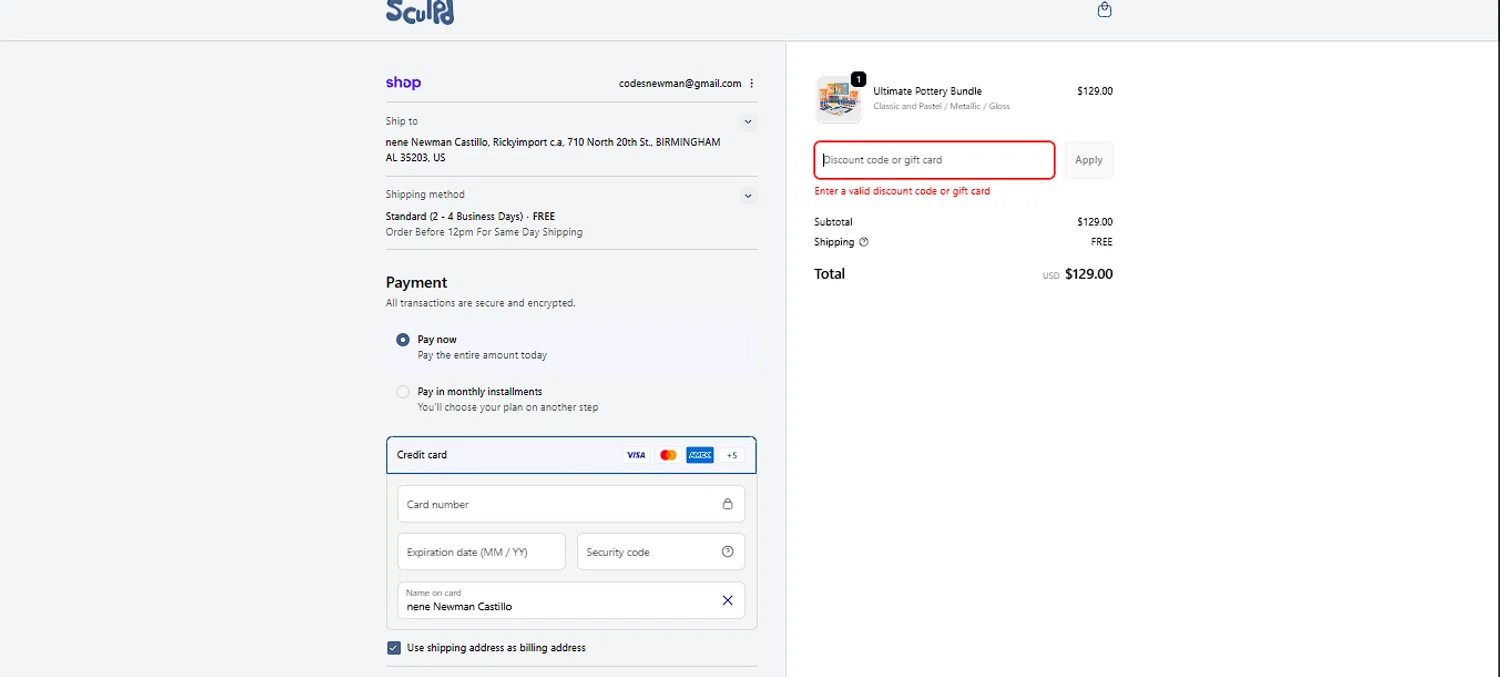 Sculpd US promo code screenshot showing code FREE2DAYSHIPPING applied at Sculpd US checkout page. Uploaded by SimplyCodes community member DiscountLion3937 on Dec 27, 2025