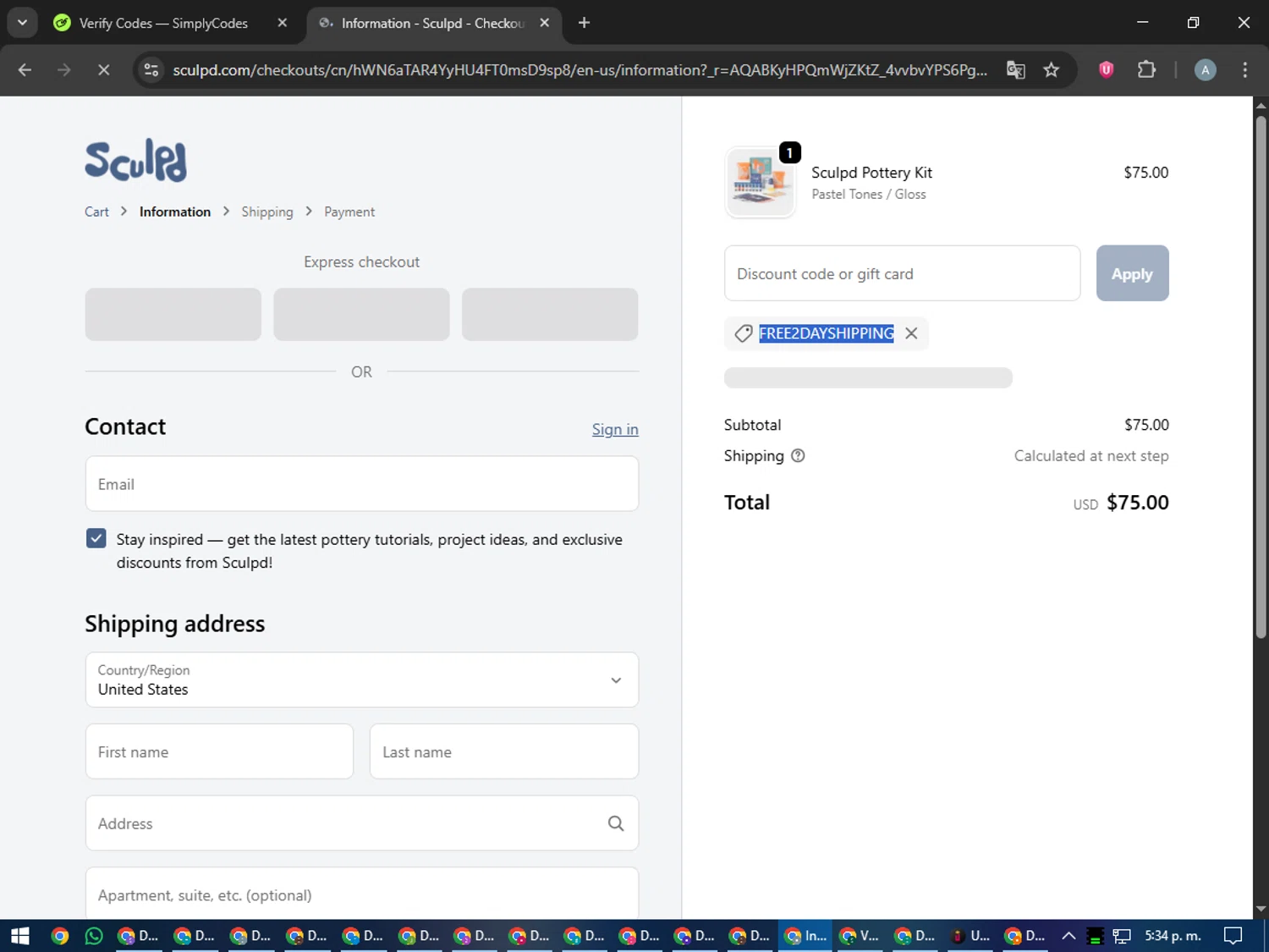 Sculpd US checkout page showing Sculpd US promo code box | Screenshot taken by SimplyCodes community member on Dec 18, 2025