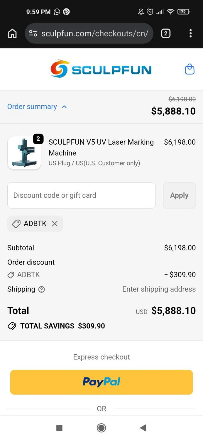 Sculpfun promo code screenshot showing code ADBTk applied at Sculpfun checkout page. Uploaded by SimplyCodes community member Mujerdejunnior on Apr 7, 2026