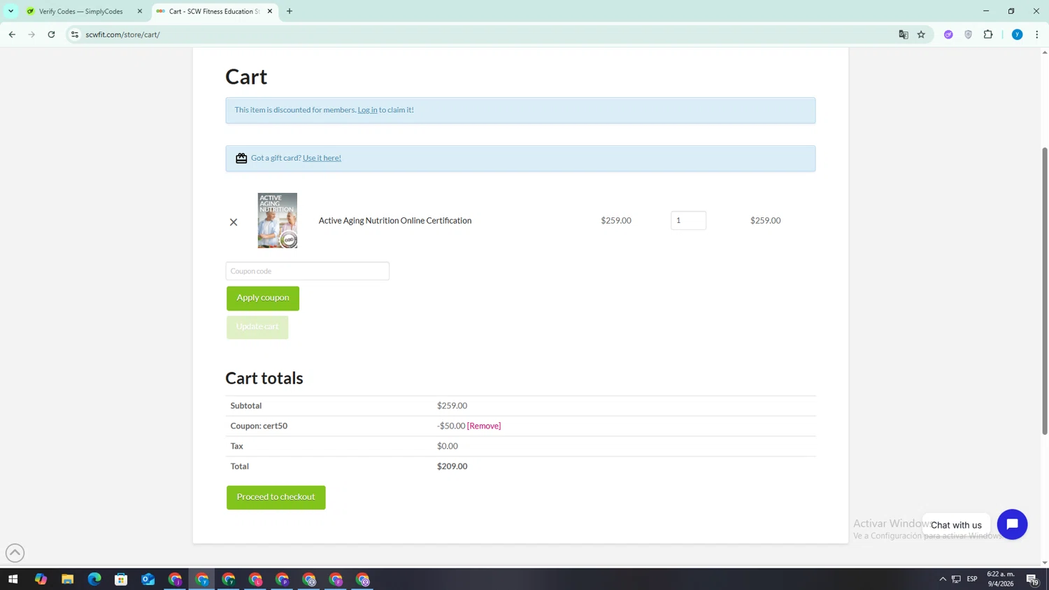 SCW Fitness Education promo code screenshot showing code CERT50 applied at SCW Fitness Education checkout page. Uploaded by SimplyCodes community member TokenSaver1205 on Apr 9, 2026