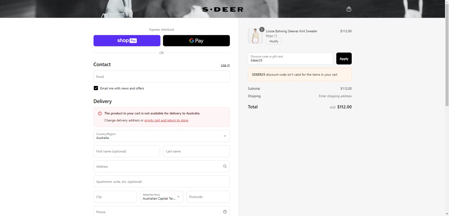 SDEER promo code screenshot showing code Sdeer25 applied at SDEER checkout page. Uploaded by SimplyCodes community member SilverChaser3269 on May 9, 2025