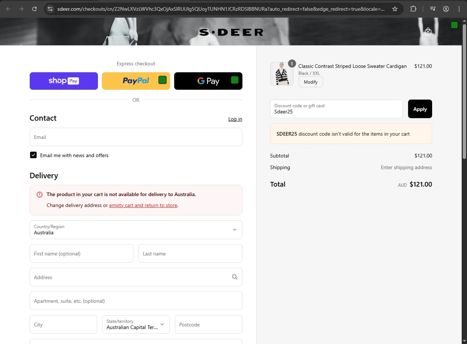 SDEER promo code screenshot showing code Sdeer25 applied at SDEER checkout page. Uploaded by SimplyCodes community member kaiserser on May 9, 2025