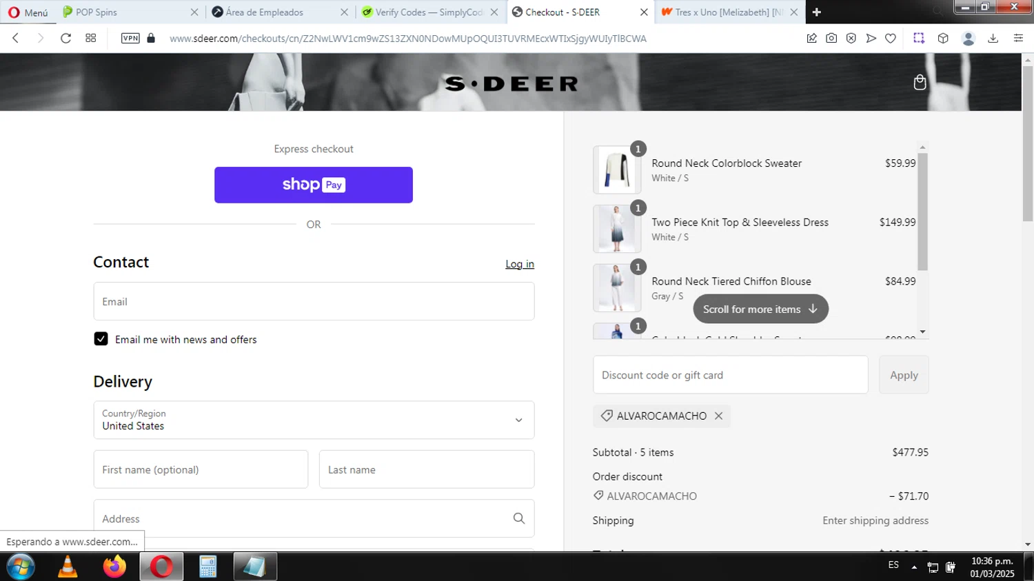 SDEER promo code screenshot showing code ALVAROCAMACHO applied at SDEER checkout page. Uploaded by SimplyCodes community member EpicHero3429 on Mar 2, 2025