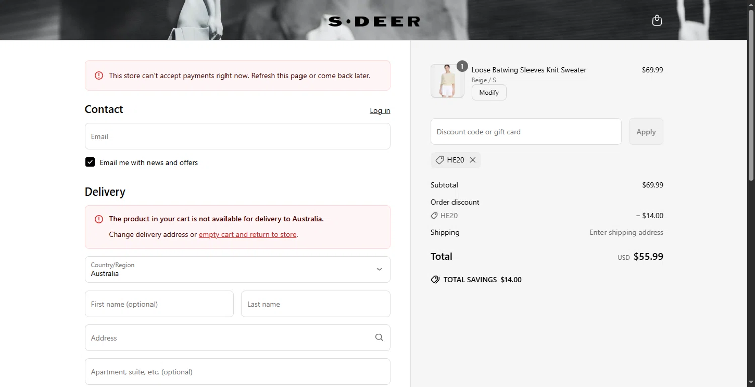 SDEER checkout page showing SDEER promo code box | Screenshot taken by SimplyCodes community member on Jun 7, 2025