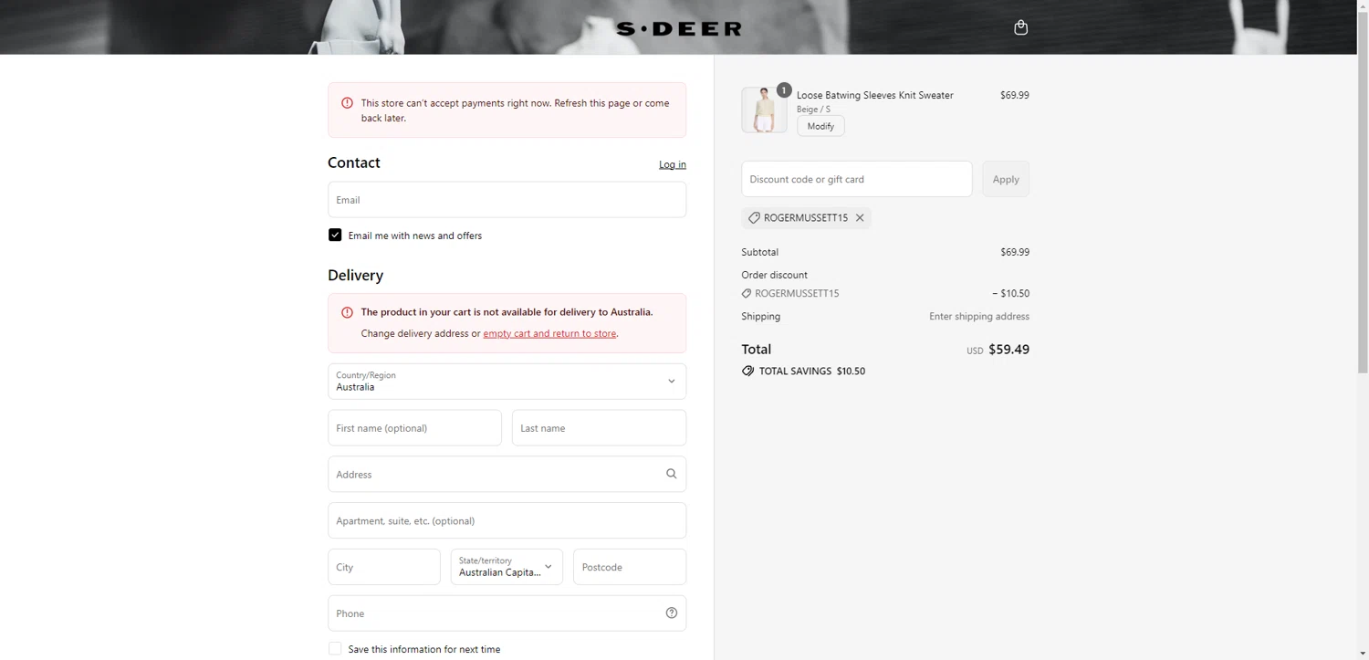 SDEER promo code screenshot showing code ROGERMUSSETT15 applied at SDEER checkout page. Uploaded by SimplyCodes community member PennyRanger8219 on Jul 6, 2025