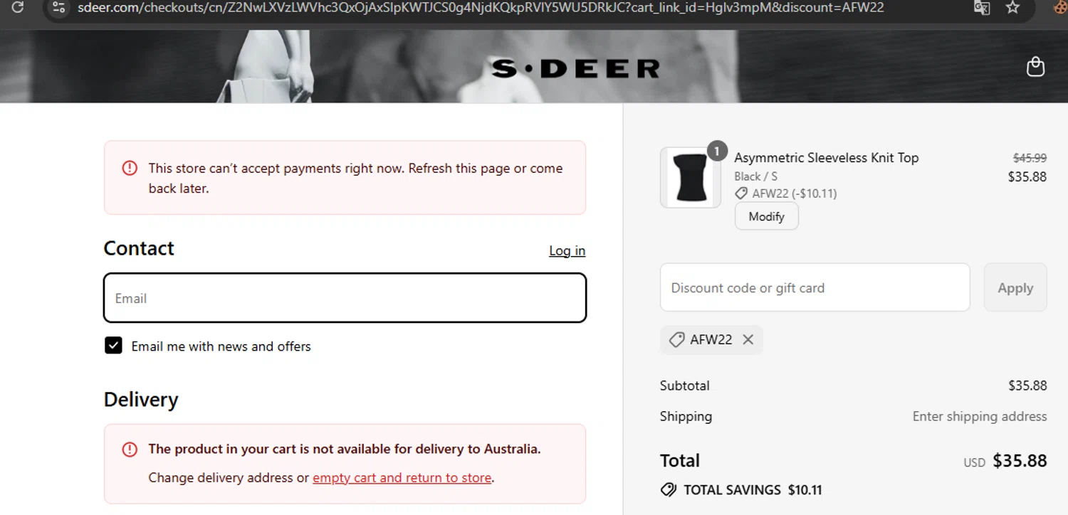 SDEER promo code screenshot showing code AFW22 applied at SDEER checkout page. Uploaded by SimplyCodes community member javierprez on Jul 7, 2025