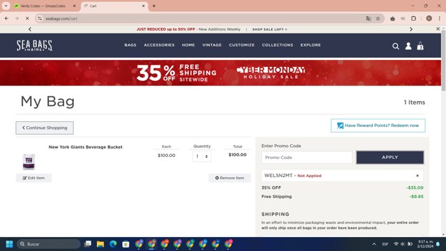 Sea Bags Maine checkout page showing Sea Bags Maine promo code box | Screenshot taken by SimplyCodes community member on Dec 2, 2024