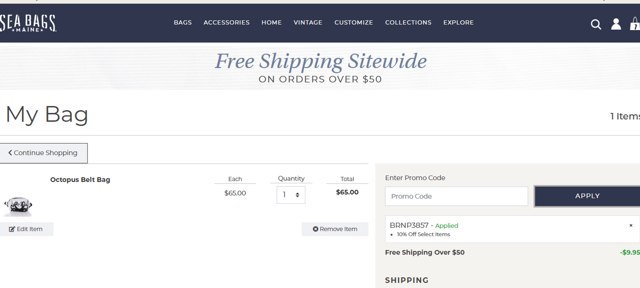 Sea Bags Maine checkout page showing Sea Bags Maine promo code box | Screenshot taken by SimplyCodes community member on Feb 15, 2025