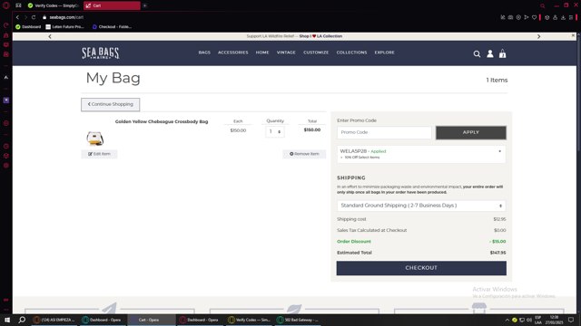 Sea Bags Maine checkout page showing Sea Bags Maine promo code box | Screenshot taken by SimplyCodes community member on Mar 27, 2025