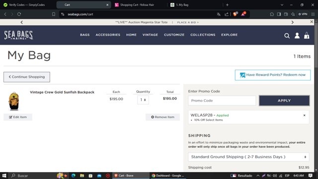 Sea Bags Maine checkout page showing Sea Bags Maine promo code box | Screenshot taken by SimplyCodes community member on Sep 8, 2024