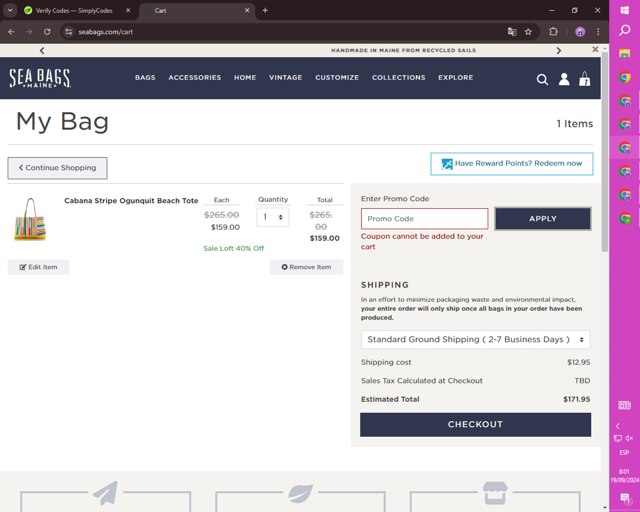 Sea Bags Maine checkout page showing Sea Bags Maine promo code box | Screenshot taken by SimplyCodes community member on Sep 19, 2024
