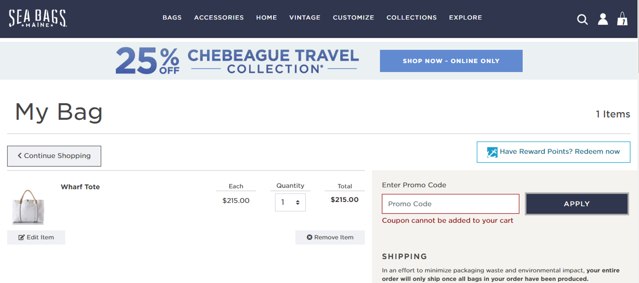 Sea Bags Maine checkout page showing Sea Bags Maine promo code box | Screenshot taken by SimplyCodes community member on Sep 22, 2024