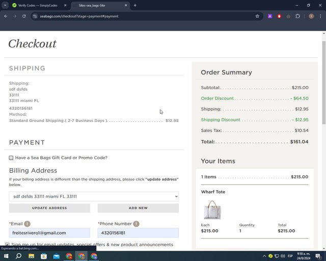 Sea Bags Maine checkout page showing Sea Bags Maine promo code box | Screenshot taken by SimplyCodes community member on Aug 24, 2024