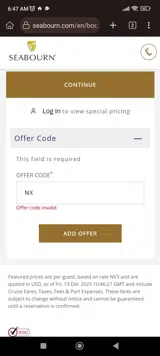 Seabourn Cruise Line coupon verification screenshot