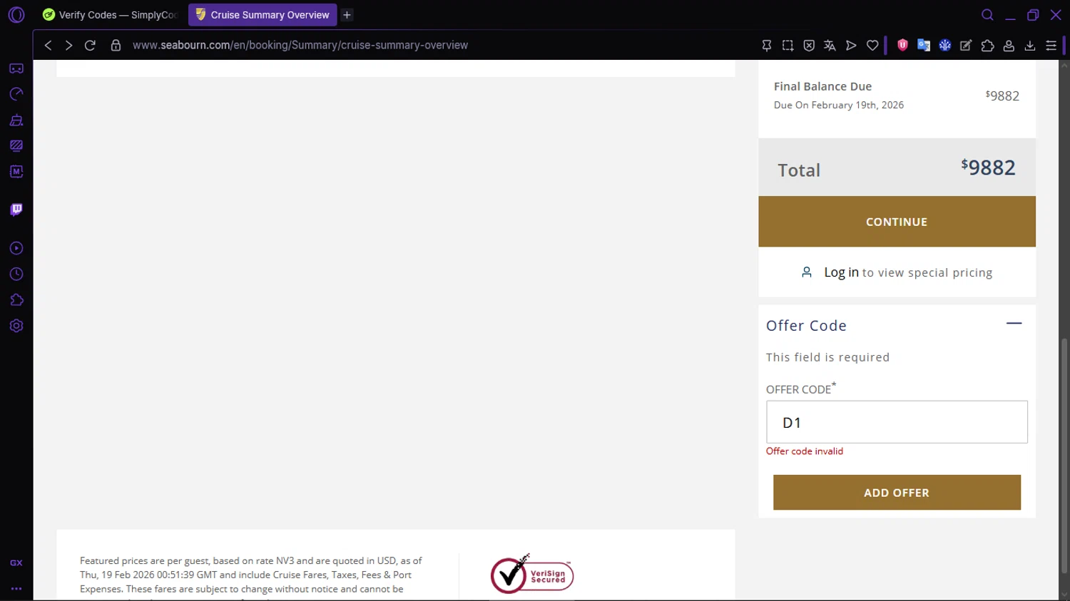 Seabourn Cruise Line promo code screenshot showing code D1 applied at Seabourn Cruise Line checkout page. Uploaded by SimplyCodes community member RewardLion134 on Feb 19, 2026