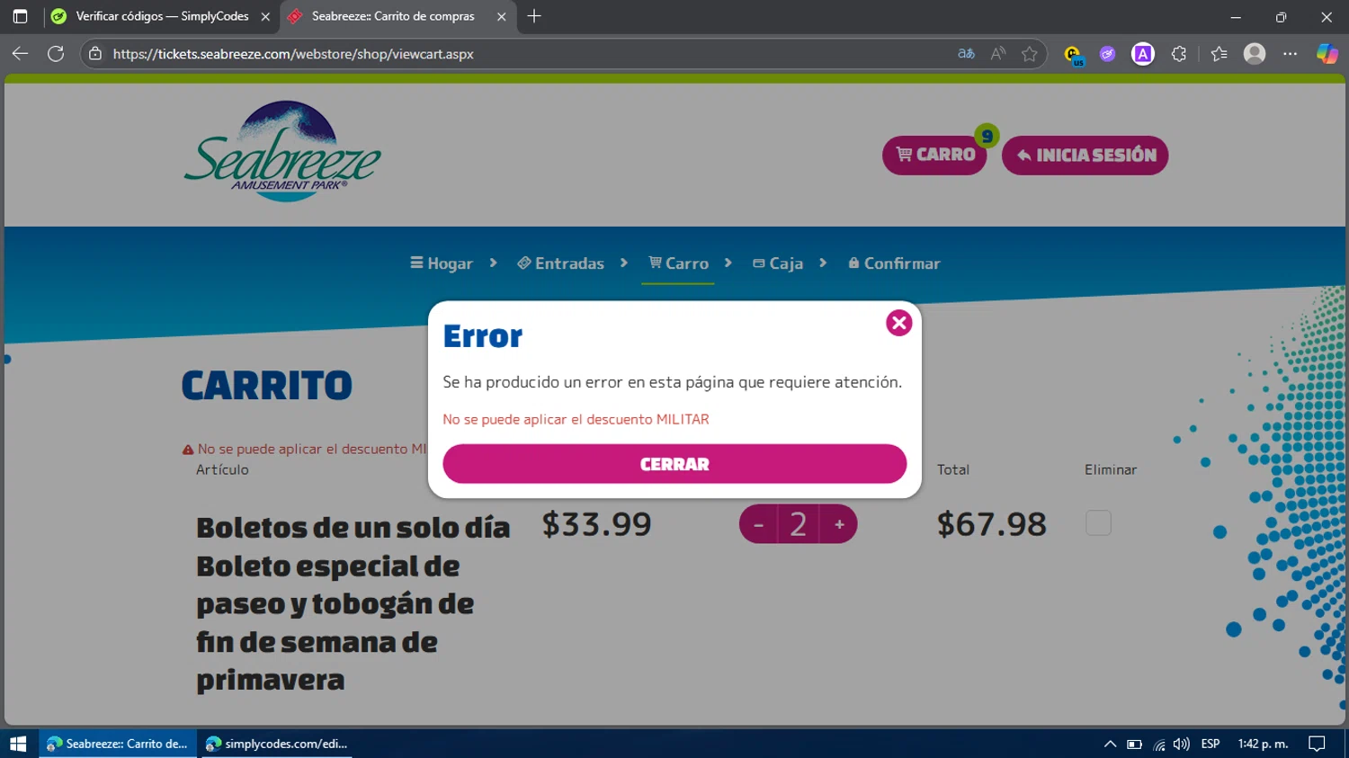 Seabreeze Amusement Park promo code screenshot showing code MILITARY applied at Seabreeze Amusement Park checkout page. Uploaded by SimplyCodes community member Billy2222 on May 28, 2025