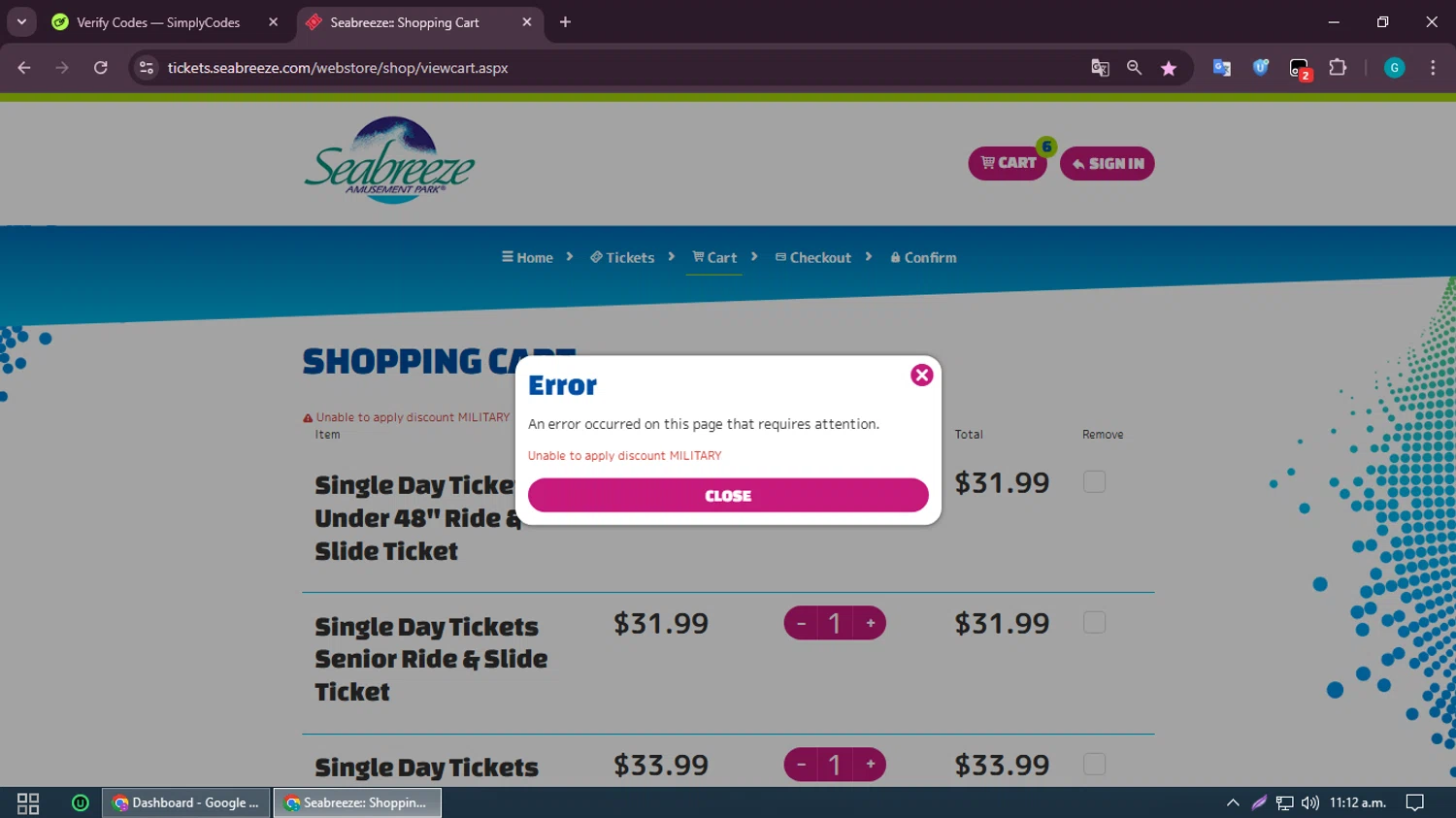 Seabreeze Amusement Park promo code screenshot showing code MILITARY applied at Seabreeze Amusement Park checkout page. Uploaded by SimplyCodes community member PromoMonarch5278 on May 28, 2025