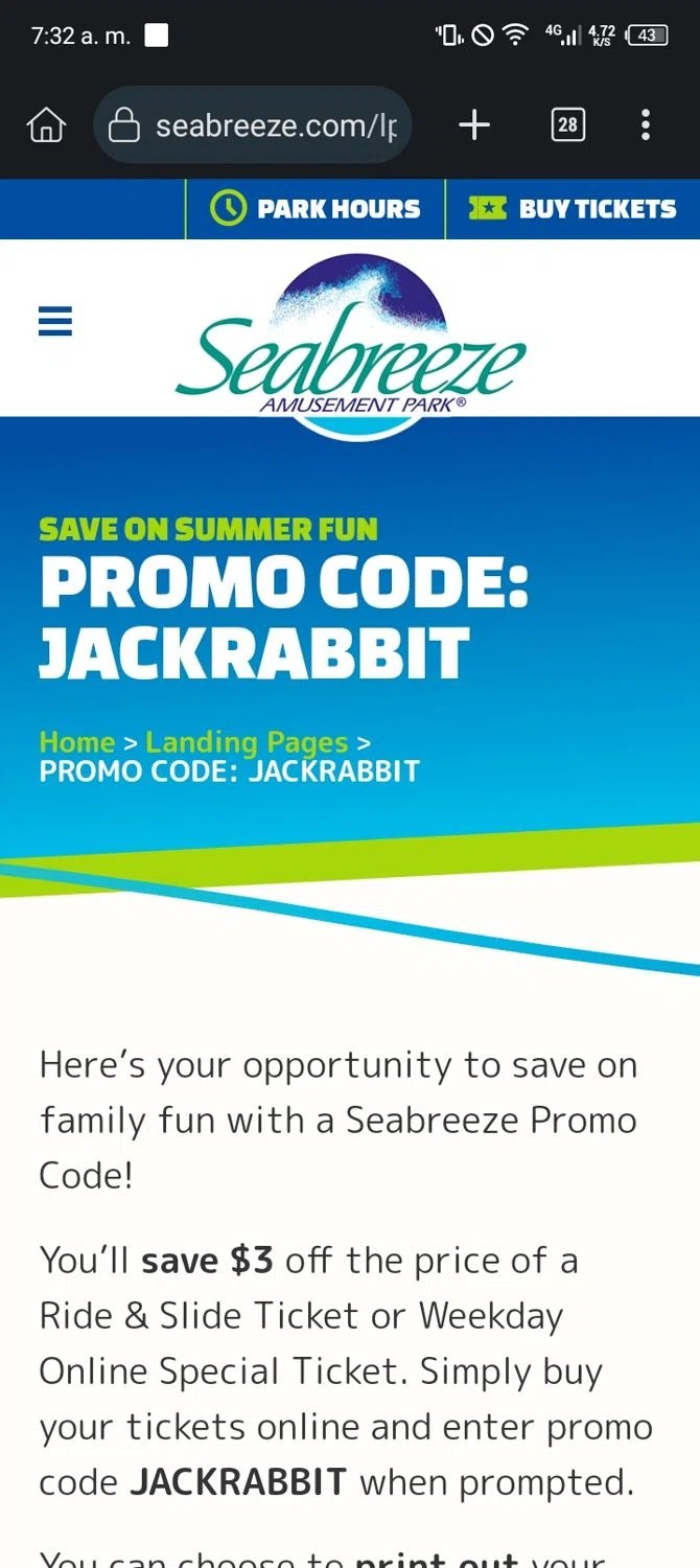 Seabreeze Amusement Park checkout page showing Seabreeze Amusement Park promo code box | Screenshot taken by SimplyCodes community member on Oct 1, 2024