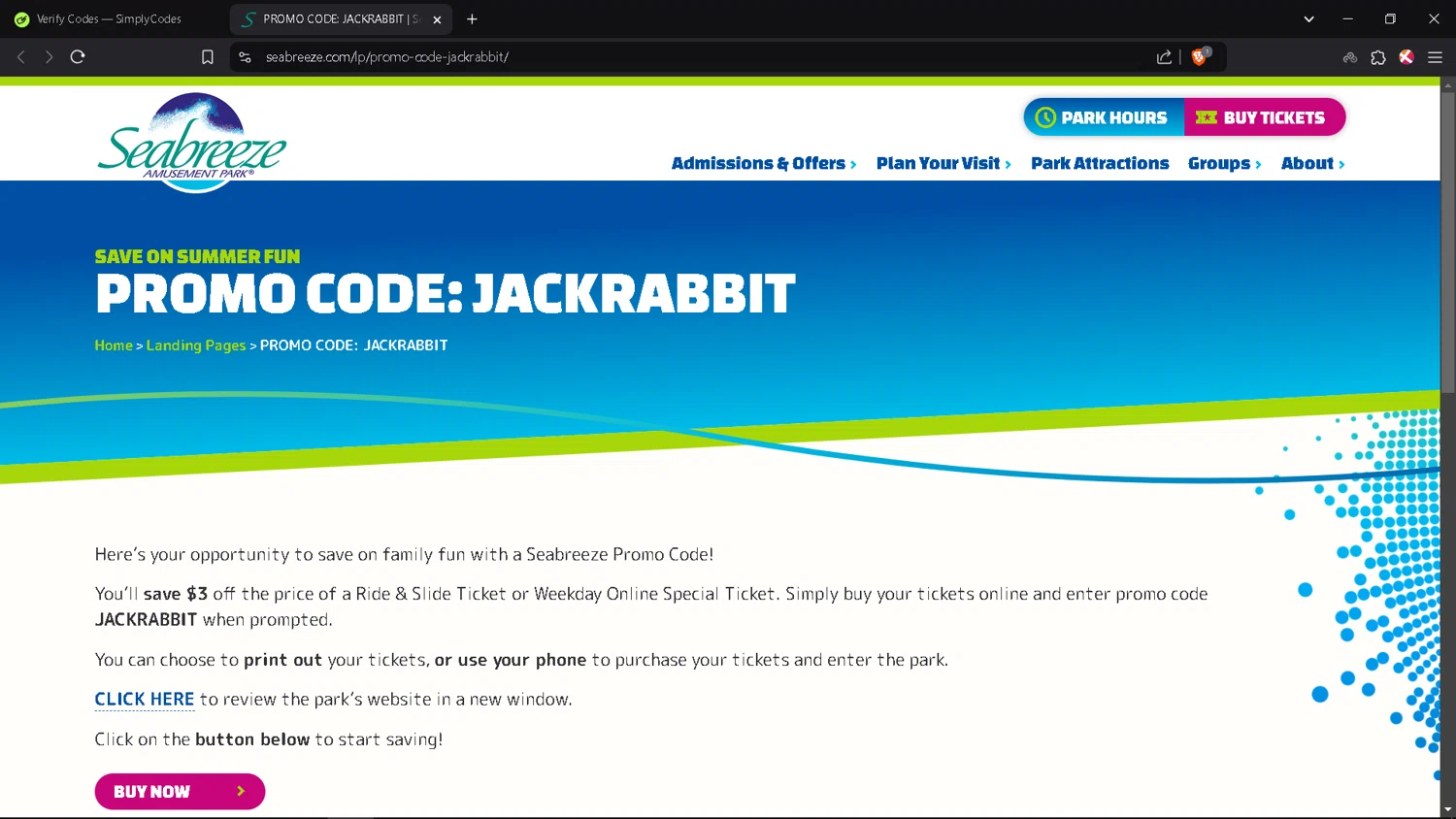 Seabreeze Amusement Park checkout page showing Seabreeze Amusement Park promo code box | Screenshot taken by SimplyCodes community member on Oct 30, 2024