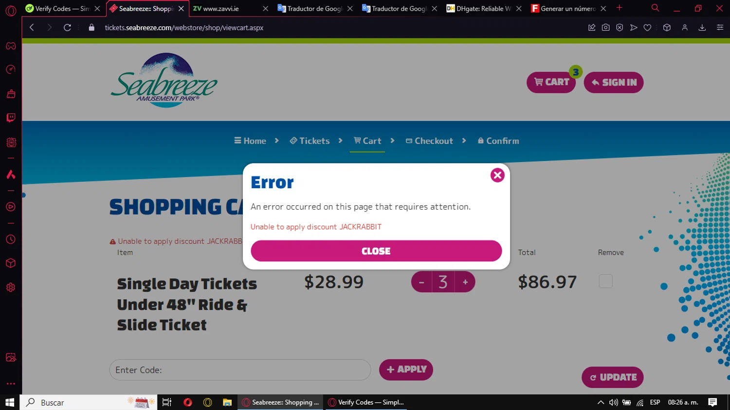 Seabreeze Amusement Park promo code screenshot showing code JACKRABBIT applied at Seabreeze Amusement Park checkout page. Uploaded by SimplyCodes community member Rowan18 on Dec 27, 2024