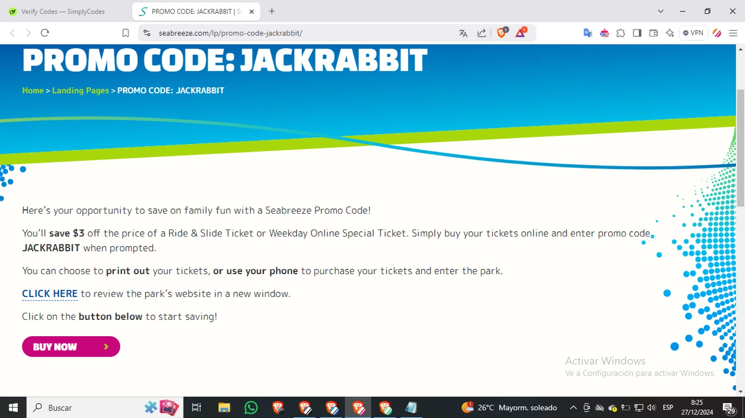 Seabreeze Amusement Park promo code screenshot showing code JACKRABBIT applied at Seabreeze Amusement Park checkout page. Uploaded by SimplyCodes community member QuestScholar3007 on Dec 27, 2024