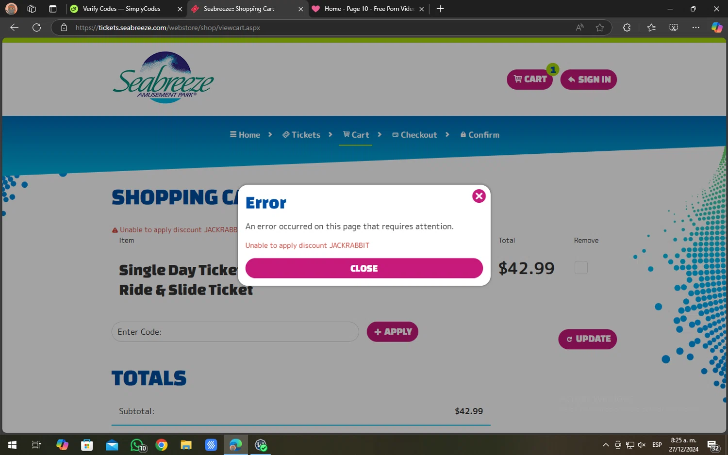 Seabreeze Amusement Park promo code screenshot showing code JACKRABBIT applied at Seabreeze Amusement Park checkout page. Uploaded by SimplyCodes community member SOPACONPAN on Dec 27, 2024