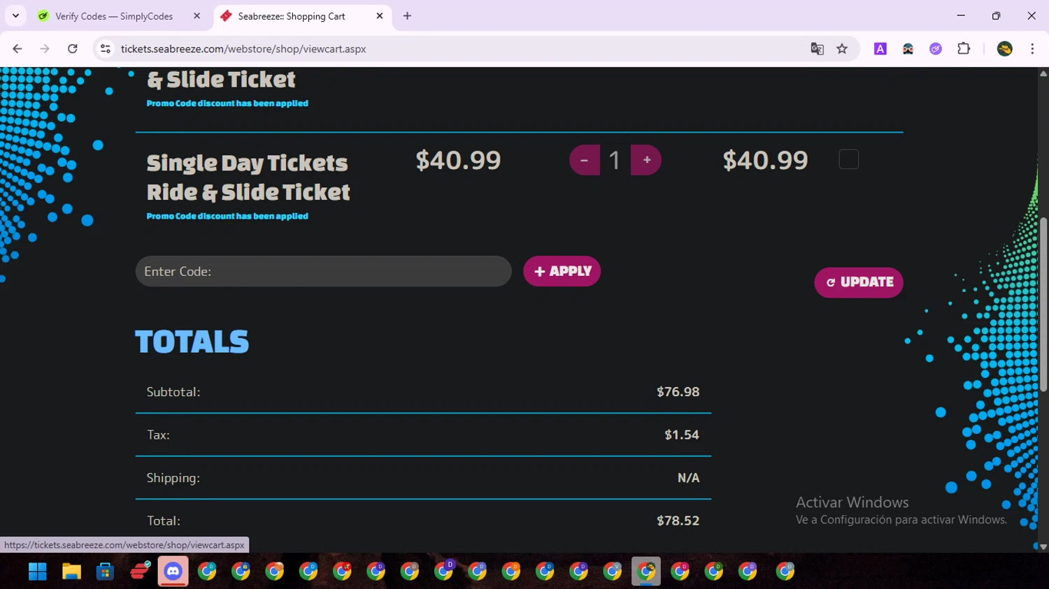 Seabreeze Amusement Park checkout page showing Seabreeze Amusement Park promo code box | Screenshot taken by SimplyCodes community member on Jun 27, 2025