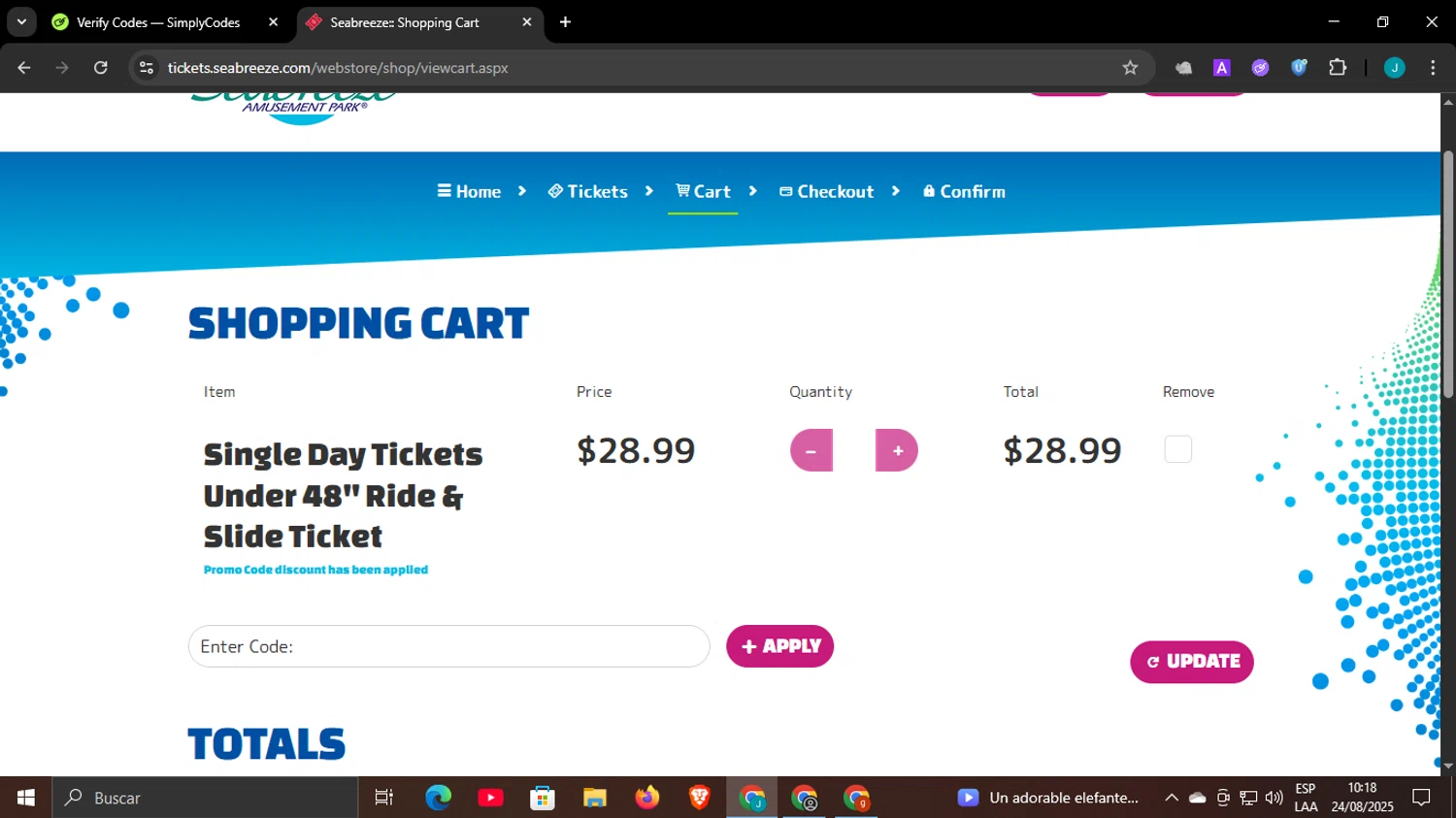 Seabreeze Amusement Park promo code screenshot showing code CLUBSB25 applied at Seabreeze Amusement Park checkout page. Uploaded by SimplyCodes community member WonderCaptain6926 on Aug 24, 2025