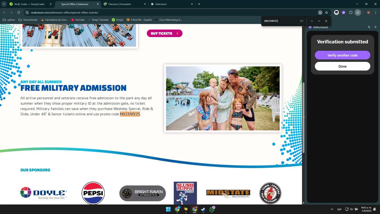 Seabreeze Amusement Park checkout page showing Seabreeze Amusement Park promo code box | Screenshot taken by SimplyCodes community member on Sep 4, 2025