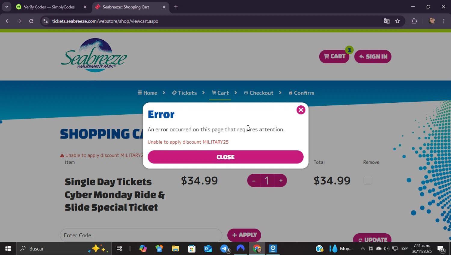 Seabreeze Amusement Park promo code screenshot showing code MILITARY25 applied at Seabreeze Amusement Park checkout page. Uploaded by SimplyCodes community member ShieldEagle9436 on Nov 30, 2025