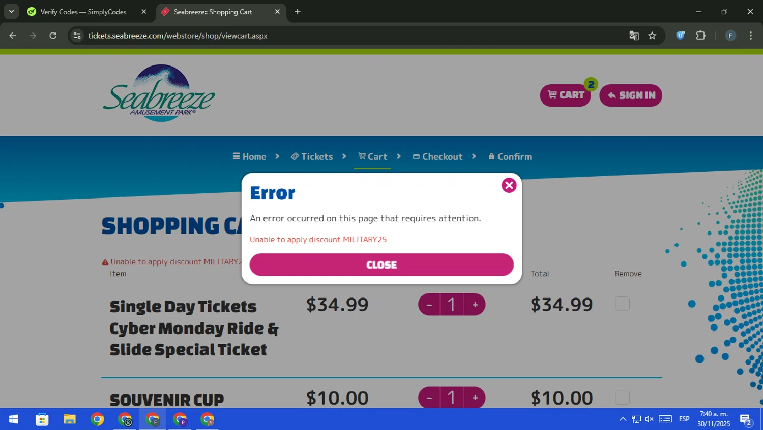 Seabreeze Amusement Park promo code screenshot showing code MILITARY25 applied at Seabreeze Amusement Park checkout page. Uploaded by SimplyCodes community member pajarito on Nov 30, 2025