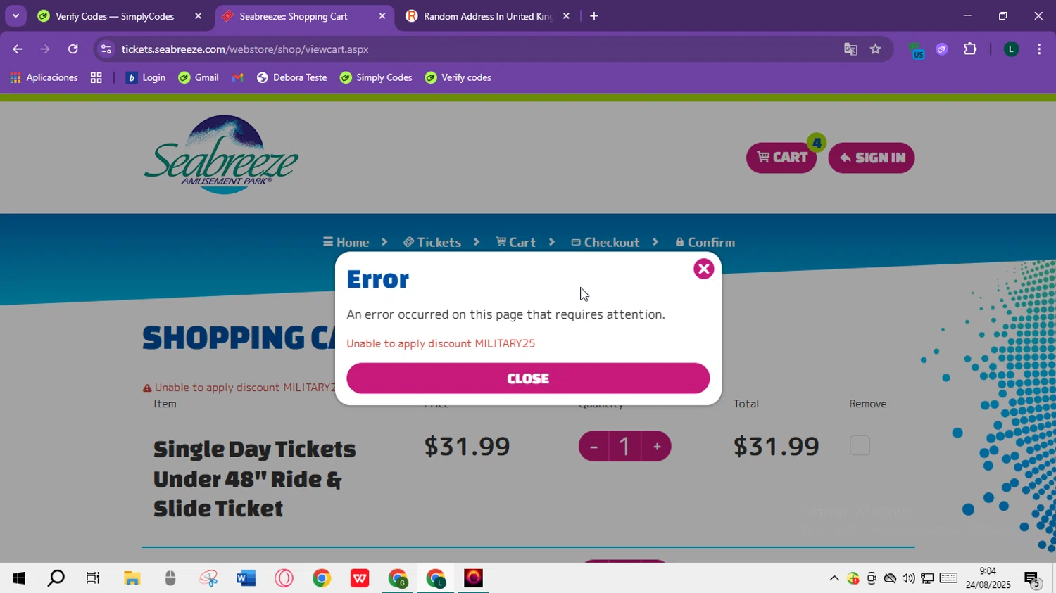 Seabreeze Amusement Park promo code screenshot showing code MILlTARY25 applied at Seabreeze Amusement Park checkout page. Uploaded by SimplyCodes community member DiscountTiger7720 on Aug 24, 2025