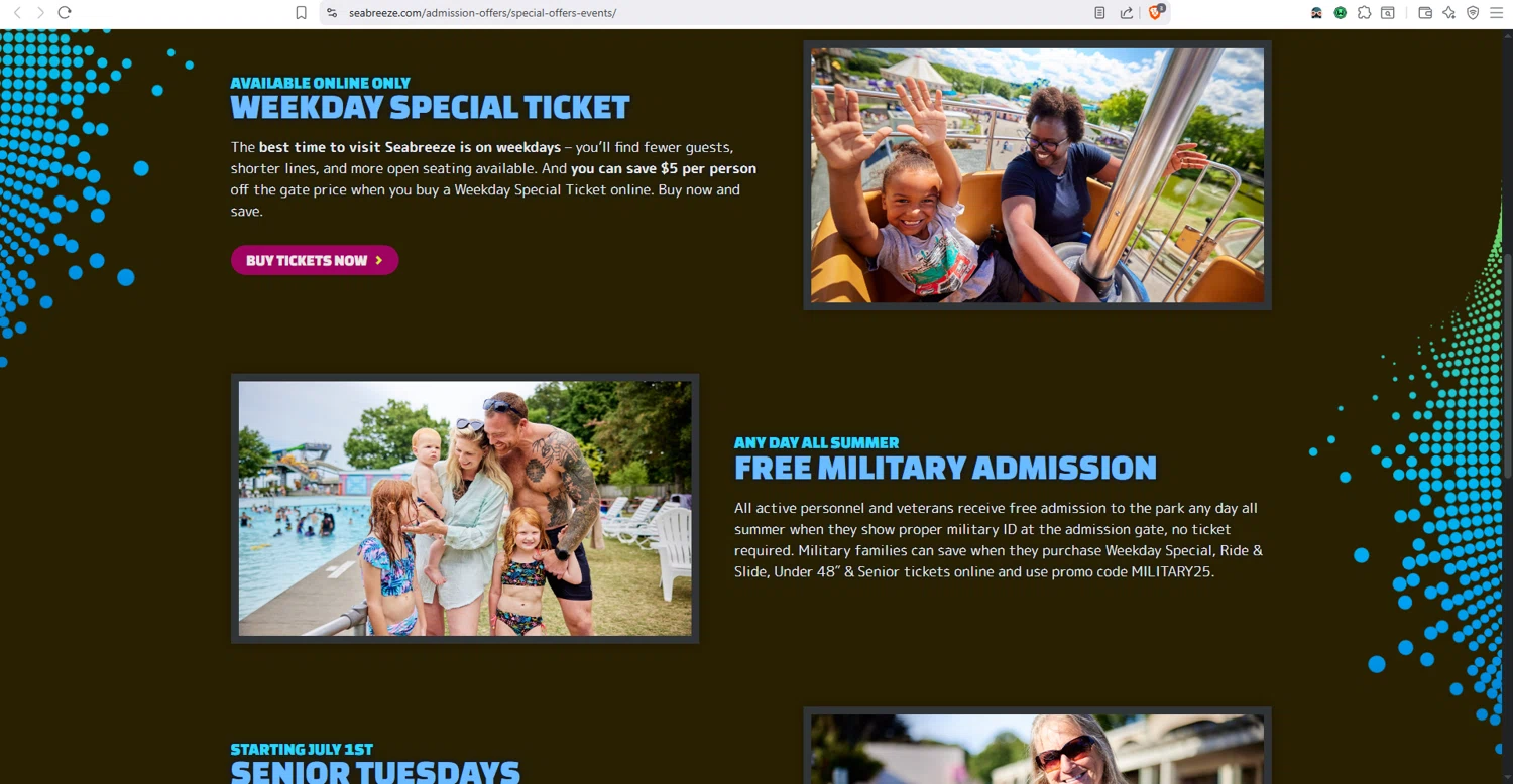 Seabreeze Amusement Park promo code screenshot showing code MILlTARY25 applied at Seabreeze Amusement Park checkout page. Uploaded by SimplyCodes community member dayselis15 on Jul 26, 2025