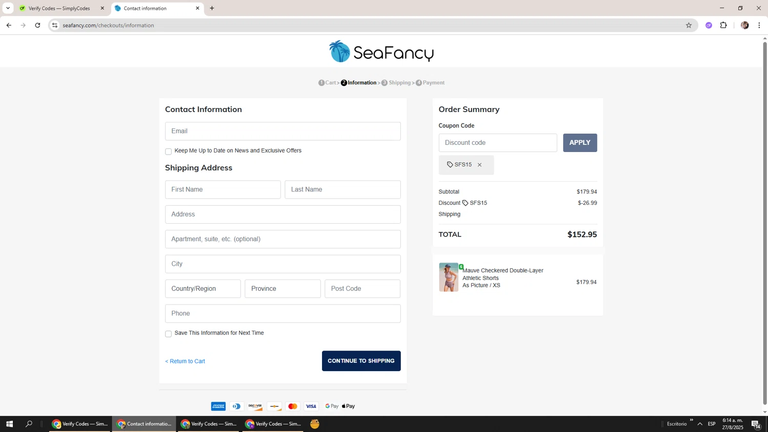 SeaFancy discount code screenshot showing code SFS15 applied at SeaFancy checkout page. Uploaded by SimplyCodes community member Levi_Ackerman on Aug 27, 2025
