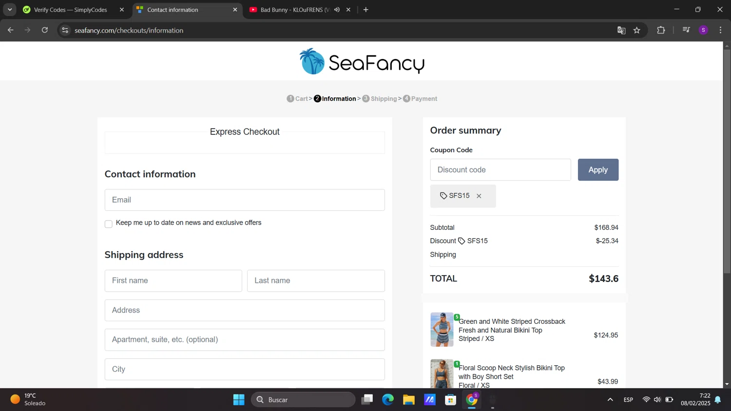 SeaFancy discount code screenshot showing code SFS15 applied at SeaFancy checkout page. Uploaded by SimplyCodes community member sorialbam on Feb 8, 2025