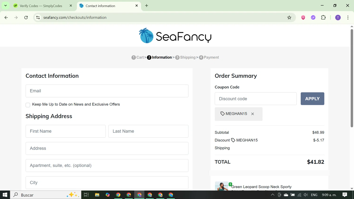SeaFancy discount code screenshot showing code MEGHAN15 applied at SeaFancy checkout page. Uploaded by SimplyCodes community member FortunateCurator5882 on Sep 19, 2025