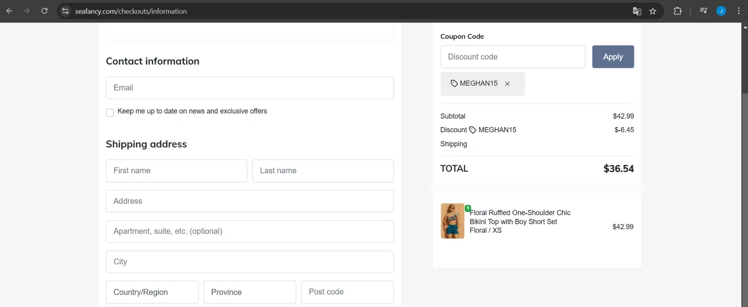 SeaFancy discount code screenshot showing code MEGHAN15 applied at SeaFancy checkout page. Uploaded by SimplyCodes community member Jeanjc on Feb 2, 2025