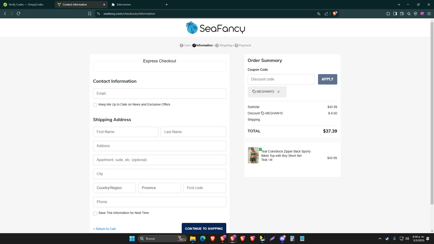SeaFancy discount code screenshot showing code MEGHAN15 applied at SeaFancy checkout page. Uploaded by SimplyCodes community member NortTiger on Mar 3, 2025