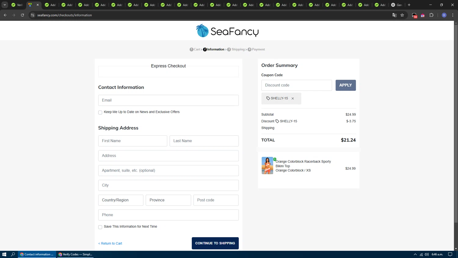 SeaFancy discount code screenshot showing code SHELLY-15 applied at SeaFancy checkout page. Uploaded by SimplyCodes community member Dennyguillermo on Mar 3, 2025