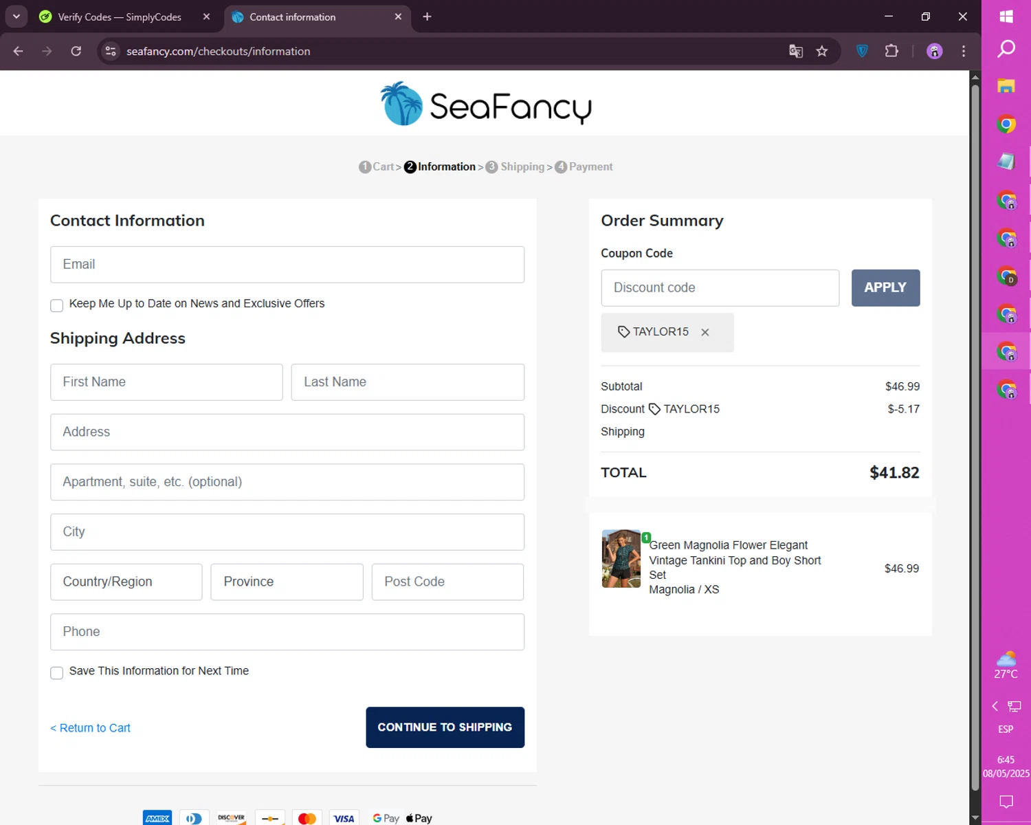 SeaFancy discount code screenshot showing code TAYLOR15 applied at SeaFancy checkout page. Uploaded by SimplyCodes community member FortunateScholar4524 on May 8, 2025