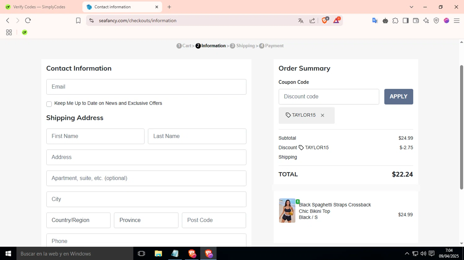 SeaFancy discount code screenshot showing code TAYLOR15 applied at SeaFancy checkout page. Uploaded by SimplyCodes community member LuckyFox7067 on Apr 9, 2025