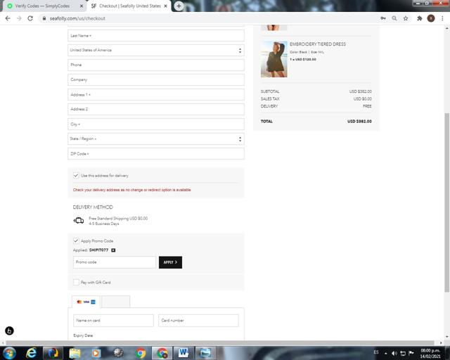 Seafolly checkout page showing Seafolly discount code box | Screenshot taken by SimplyCodes community member on Feb 14, 2021