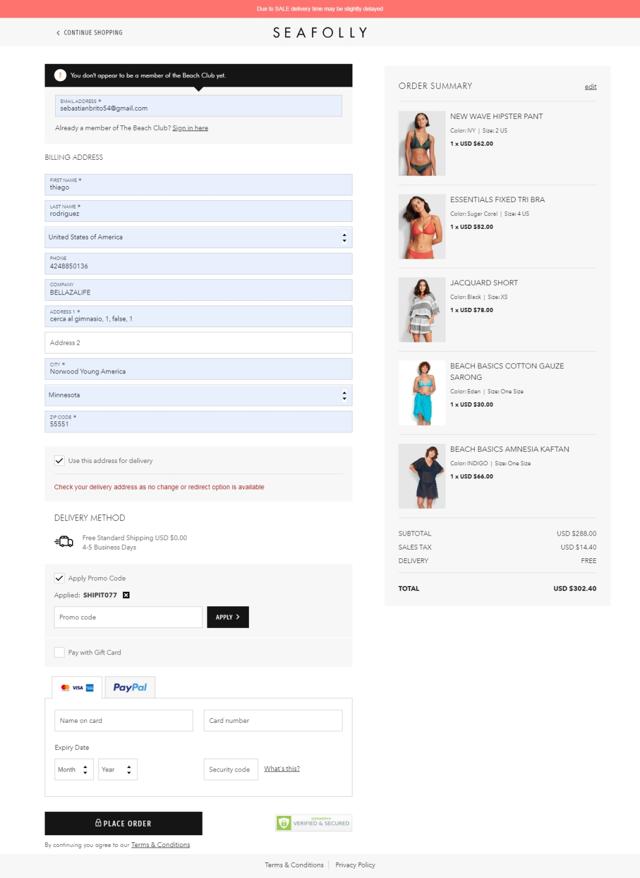 Seafolly checkout page showing Seafolly discount code box | Screenshot taken by SimplyCodes community member on Apr 6, 2021