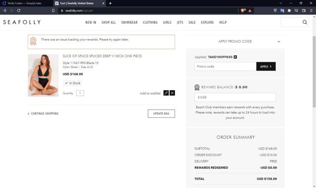 Seafolly checkout page showing Seafolly discount code box | Screenshot taken by SimplyCodes community member on Jun 16, 2022
